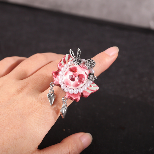 Pink Butterfly Bunny Skull Ring