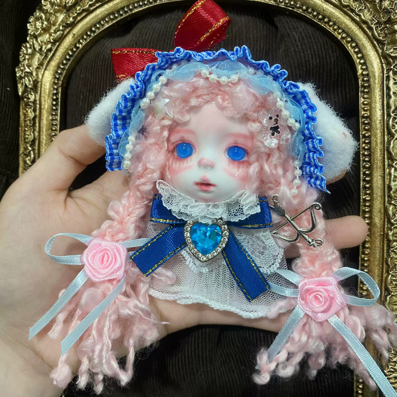 Pink Curly Hair And Blue Plaid Bunny Art Doll Brooch