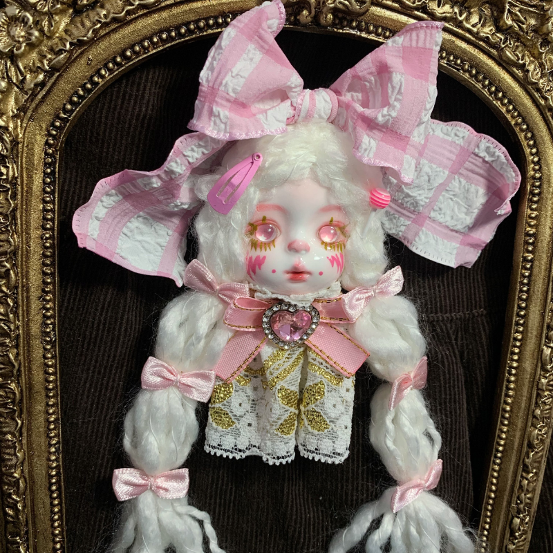 Pink Gingham Bow And White Twin Tails Art Doll Brooch