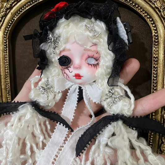 Platinum Waves And Black Rose Eyepatch Gothic Art Doll Brooch