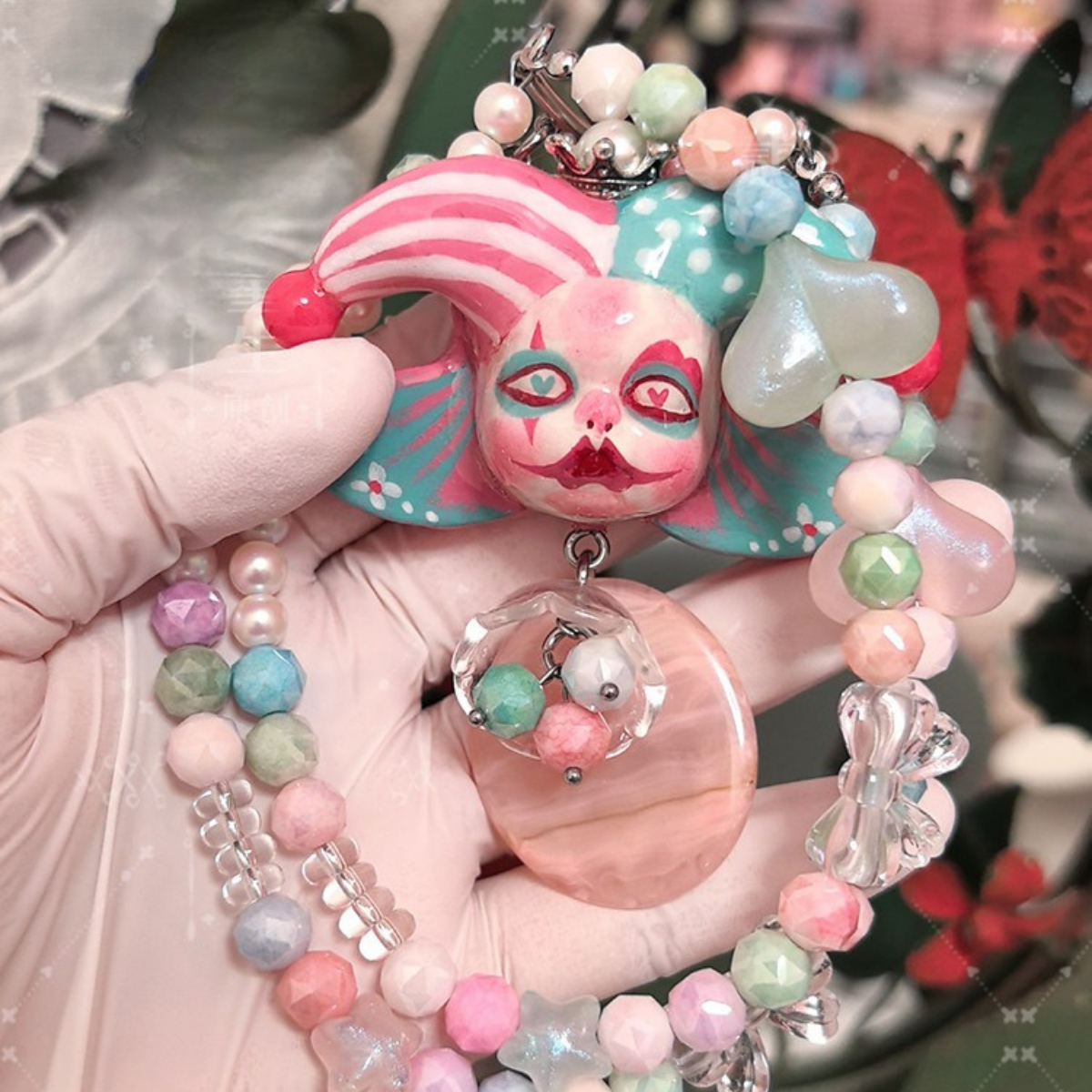 Powder Blue Butterfly Wing Clown Necklace