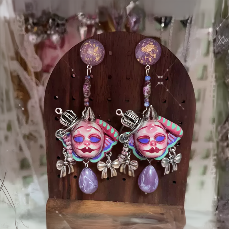 Purple Bow and Crown Doll Earrings