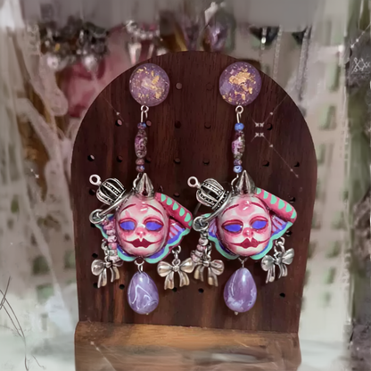 Purple Bow and Crown Doll Earrings