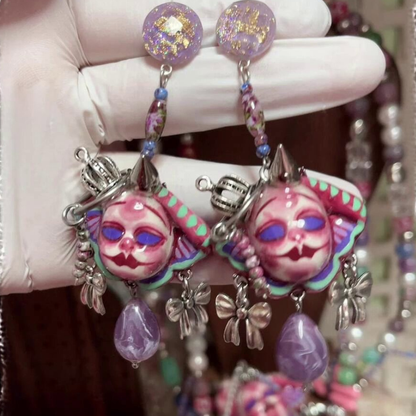 Purple Bow and Crown Doll Earrings