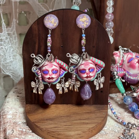 Purple Bow and Crown Doll Earrings
