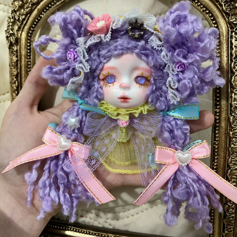 Purple Curly Pigtails And Floral Ribbon Art Doll Brooch