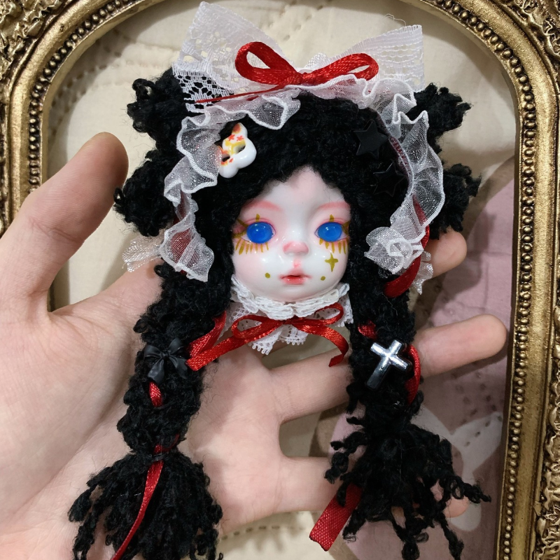 Raven Braids And Crimson Ribbon Gothic Art Doll Brooch