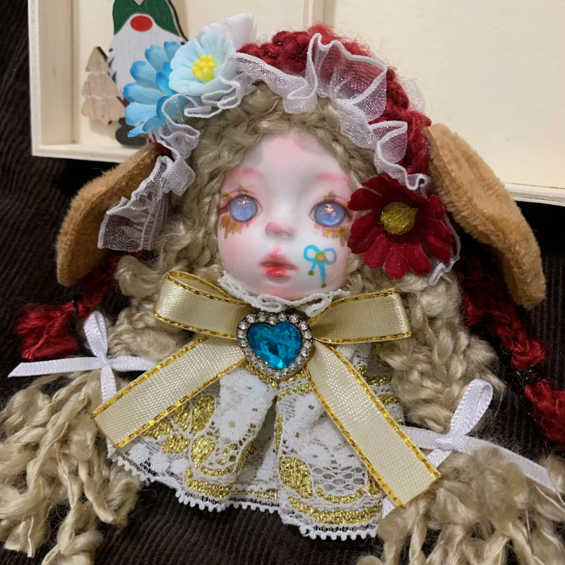 Red Crochet Bonnet And Brown Lop Ear Art Doll Brooch