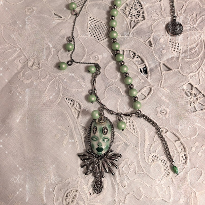 Sage Green Gothic Doll Face Mask Silver Ruff Collar Necklace