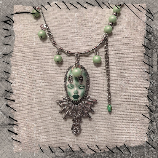 Sage Green Gothic Doll Face Mask Silver Ruff Collar Necklace