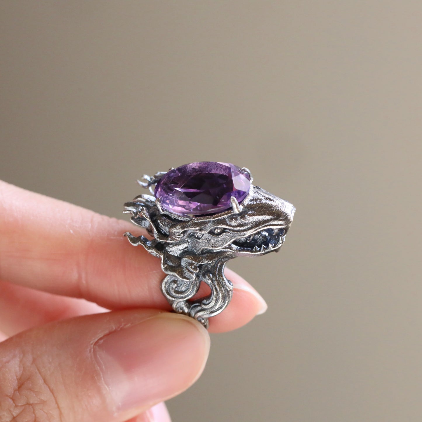 Sterling Silver Snake Head  with Purple Crystal Ring