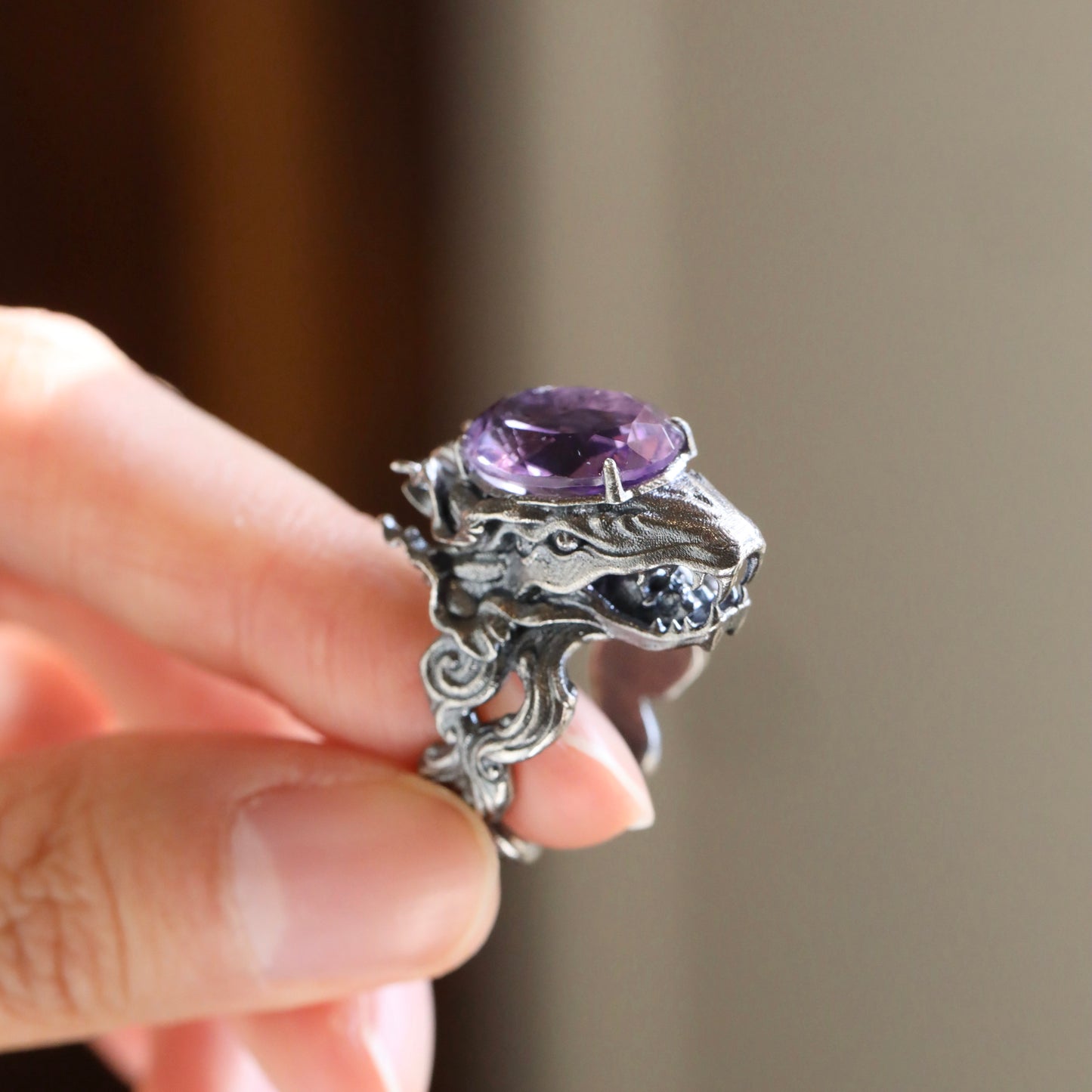 Sterling Silver Snake Head  with Purple Crystal Ring