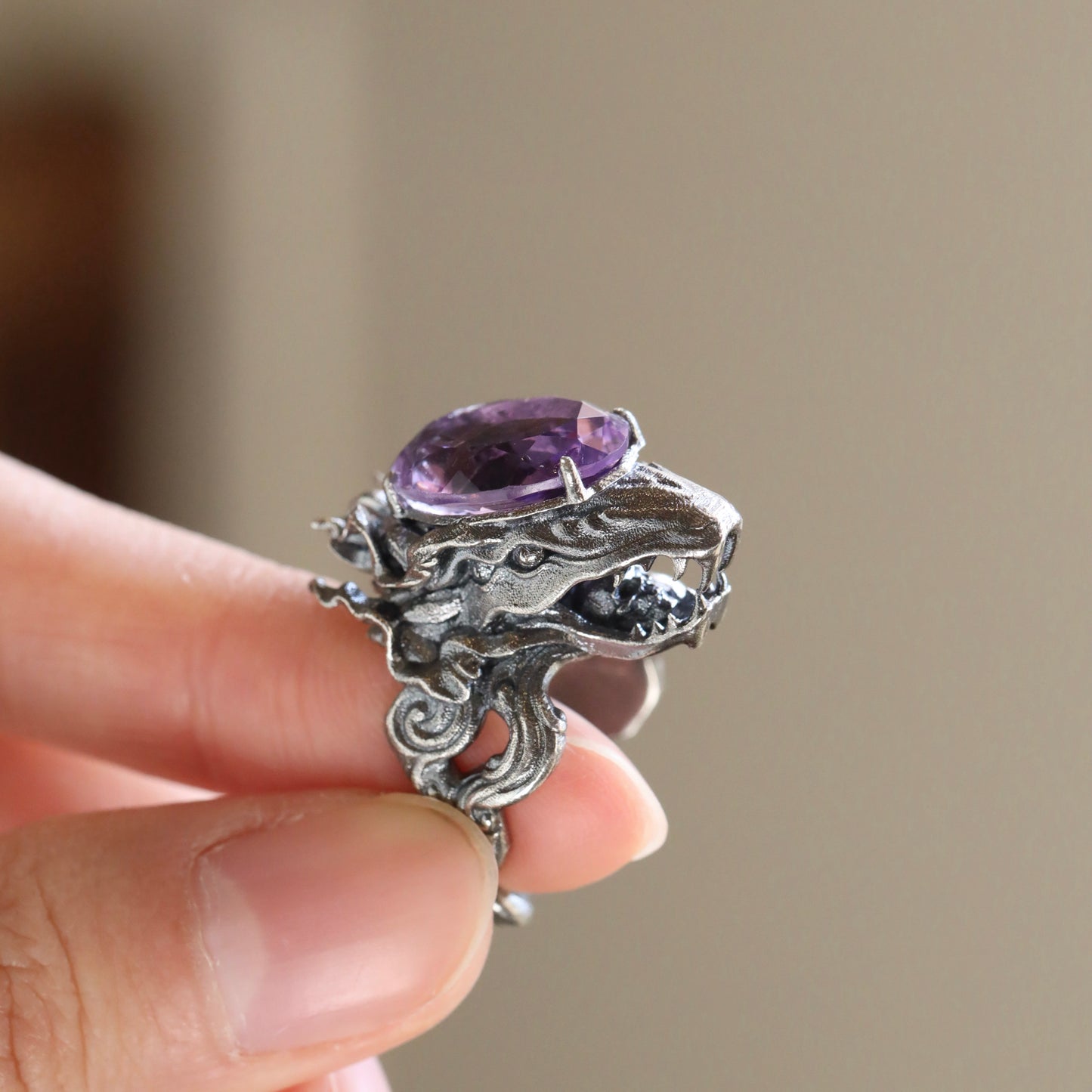 Sterling Silver Snake Head  with Purple Crystal Ring