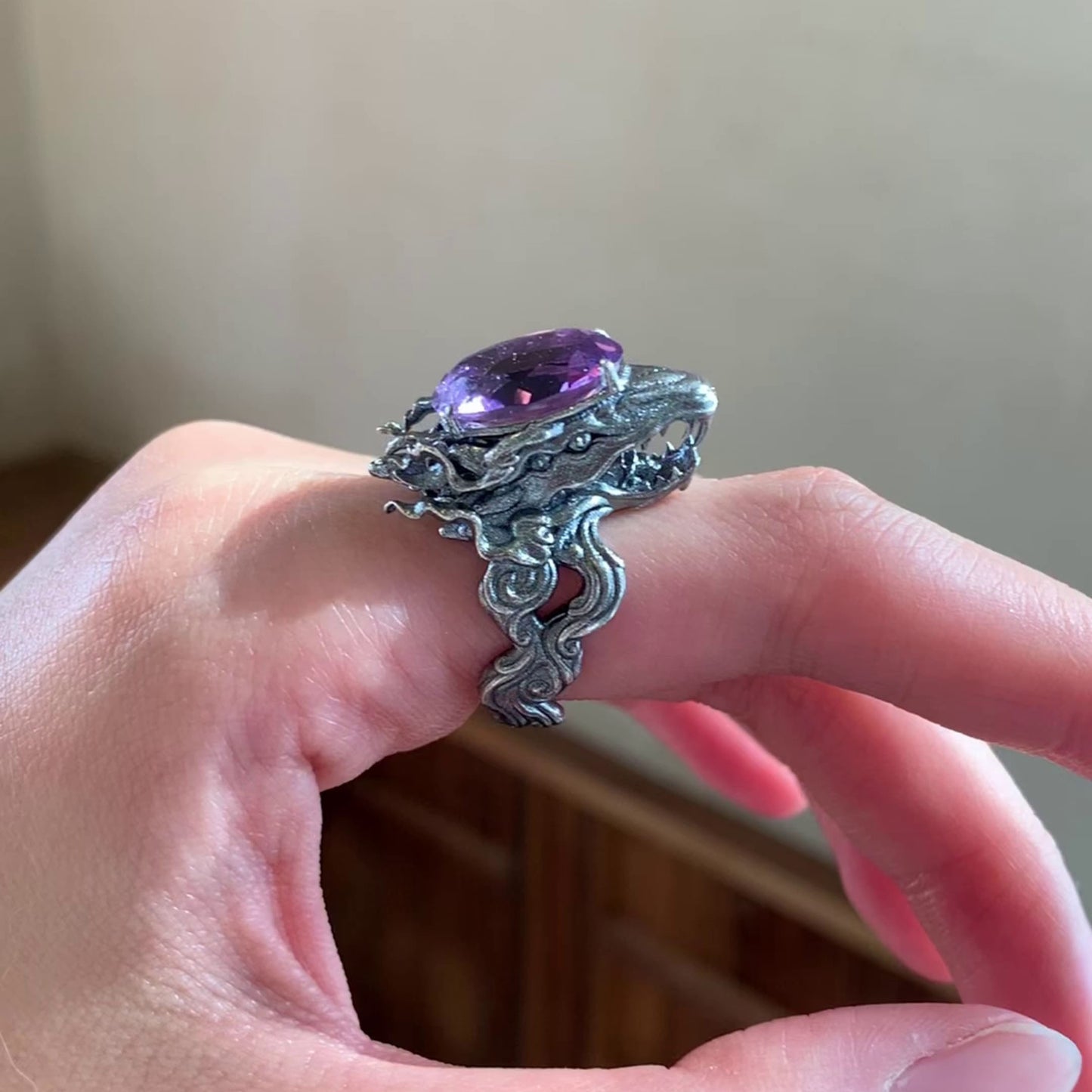 Sterling Silver Snake Head  with Purple Crystal Ring