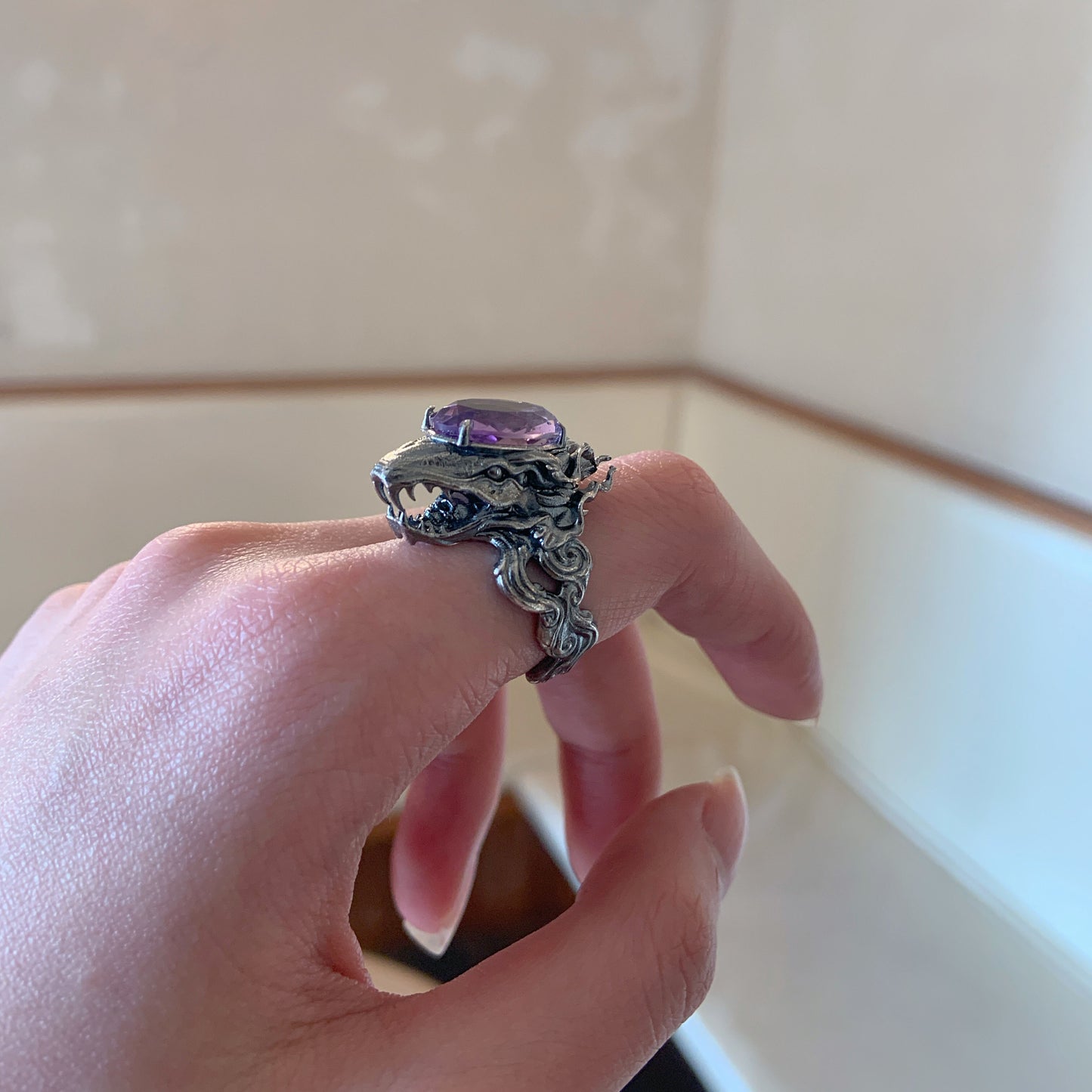 Sterling Silver Snake Head  with Purple Crystal Ring