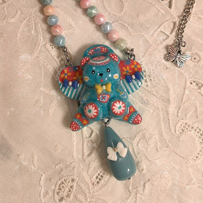 Teal Blue Dolly Bear Fantasy Beaded Winged Teddy Necklace