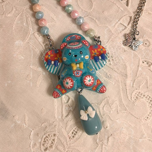 Teal Blue Dolly Bear Fantasy Beaded Winged Teddy Necklace