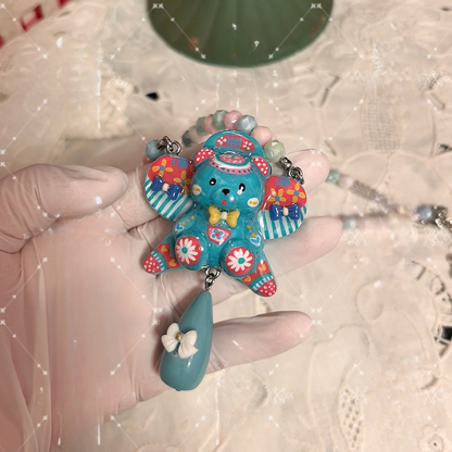 Teal Blue Dolly Bear Fantasy Beaded Winged Teddy Necklace