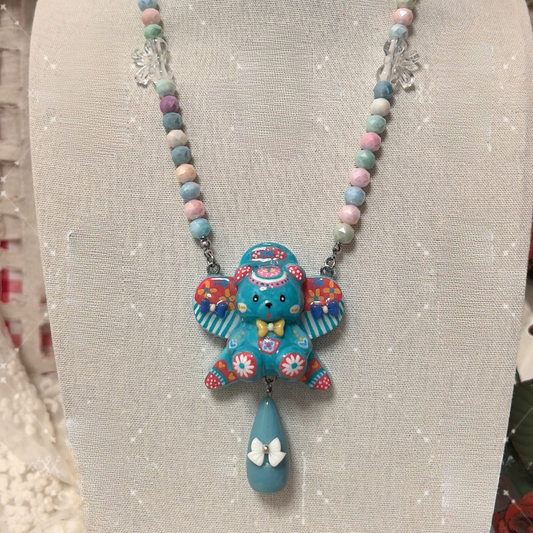 Teal Blue Dolly Bear Fantasy Beaded Winged Teddy Necklace