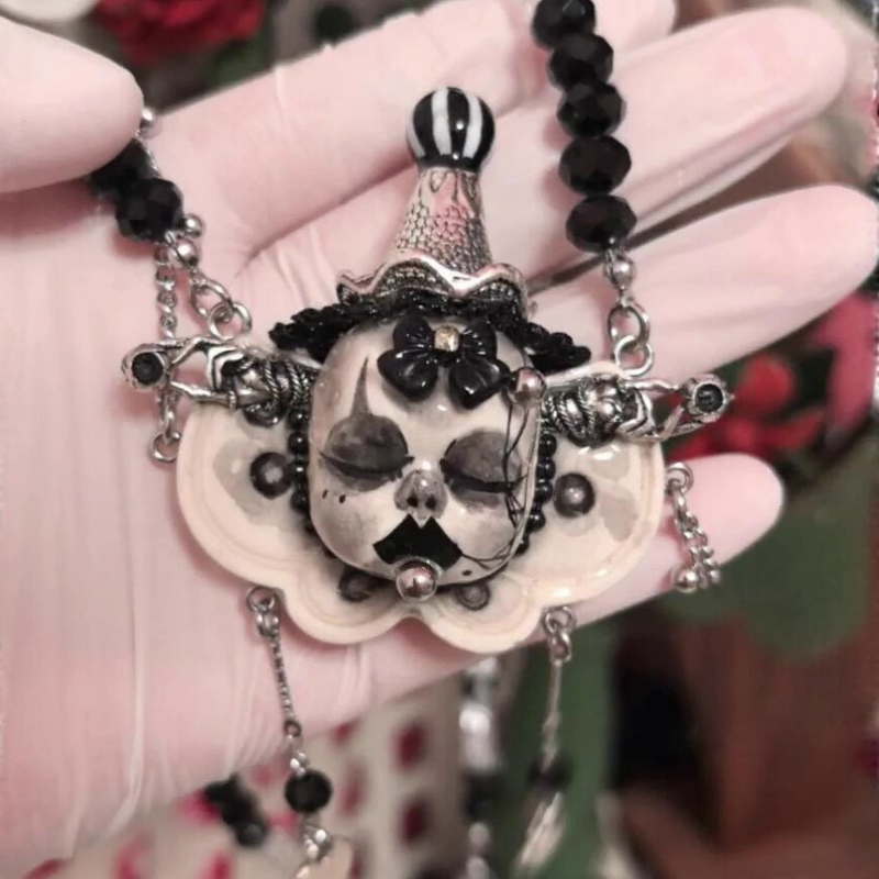 The Silent Carnival Black & White Striped Hat Clown Necklace