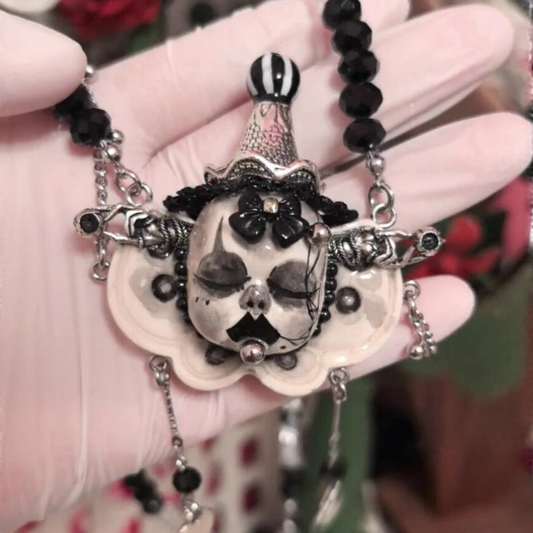 The Silent Carnival Black & White Striped Hat Clown Necklace