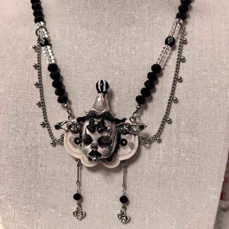 The Silent Carnival Black & White Striped Hat Clown Necklace