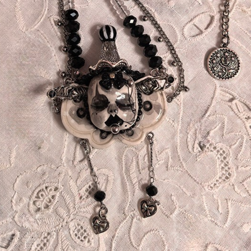 The Silent Carnival Black & White Striped Hat Clown Necklace