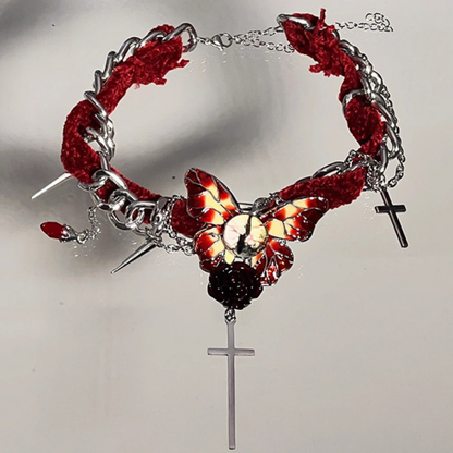 Vintage Red Velvet Rose Butterfly Cross Sterling Silver Choker Necklace