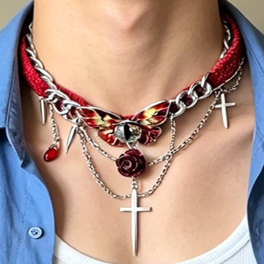 Vintage Red Velvet Rose Butterfly Cross Sterling Silver Choker Necklace