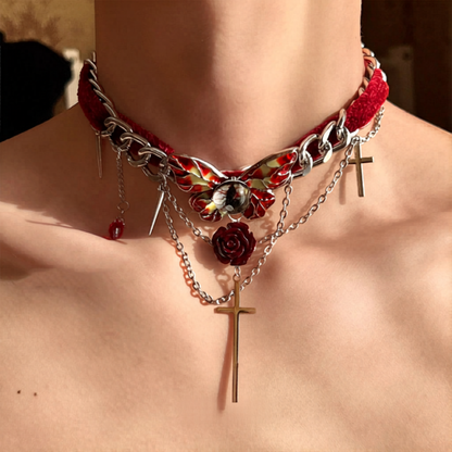 Vintage Red Velvet Rose Butterfly Cross Sterling Silver Choker Necklace