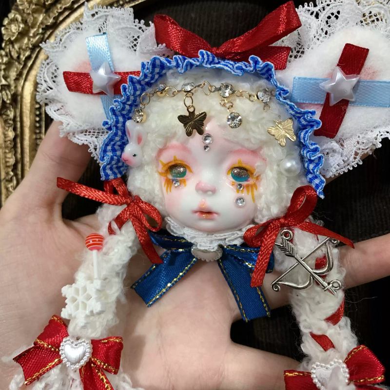 White Braids And Red Blue Ribbon Bunny Art Doll Brooch