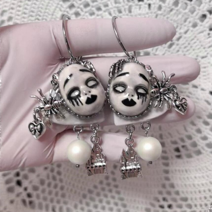 White Crying Doll Spider Castle Dangle Earring