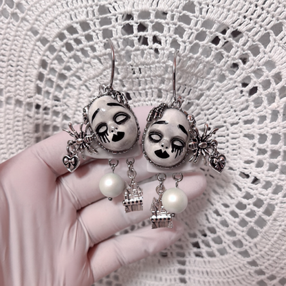 White Crying Doll Spider Castle Dangle Earring