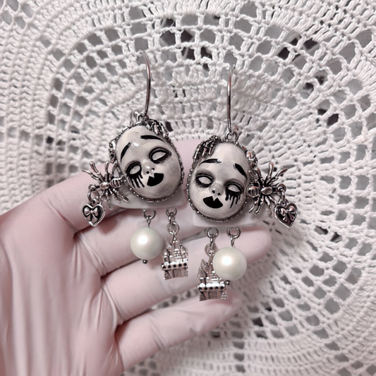White Crying Doll Spider Castle Dangle Earring
