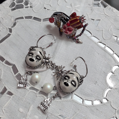White Crying Doll Spider Castle Dangle Earring