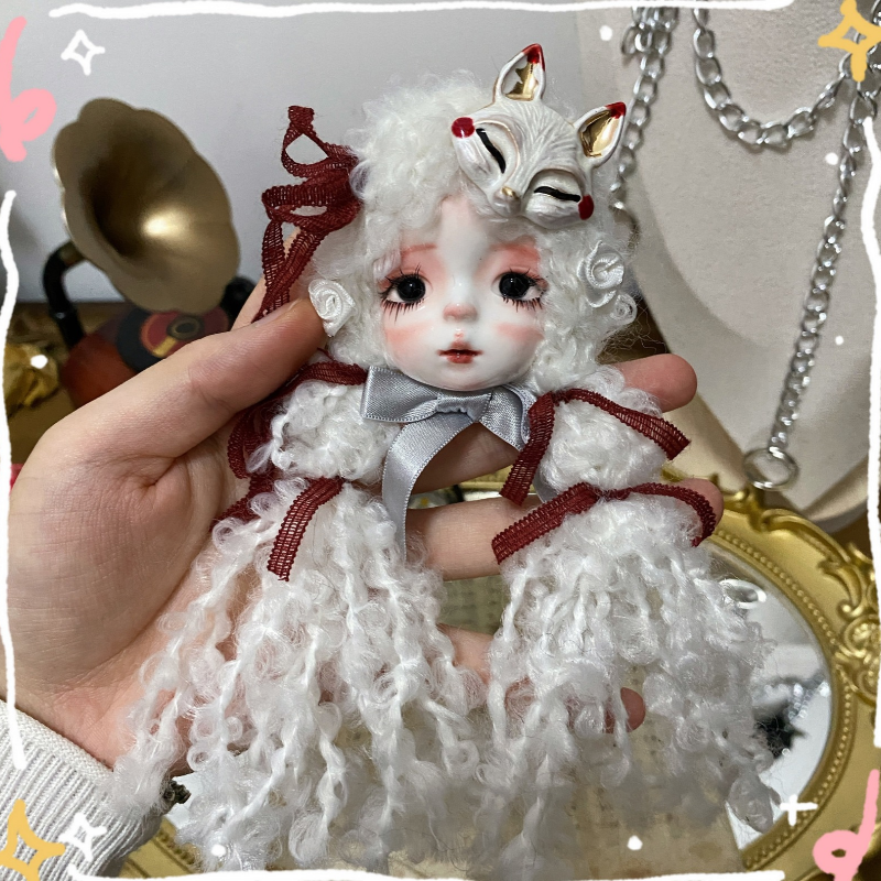 White Curly Braids And Kitsune Mask Art Doll Brooch