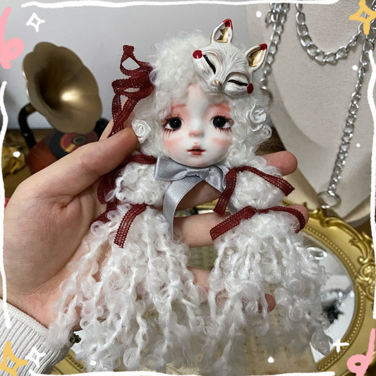 White Curly Braids And Kitsune Mask Art Doll Brooch