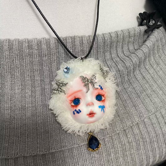 White Fluffy Hair And Blue Gem Butterfly Art Doll Necklace