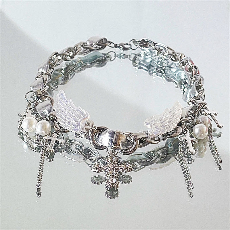 Cyber Goth Angel Wings Shiny Silver Punk Cross Choker
