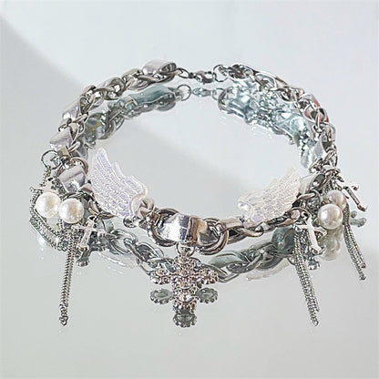 Cyber Goth Angel Wings Shiny Silver Punk Cross Choker