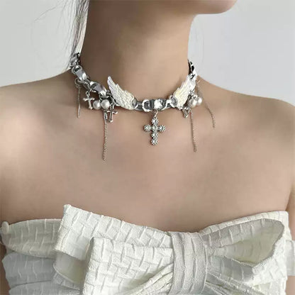 Cyber Goth Angel Wings Shiny Silver Punk Cross Choker