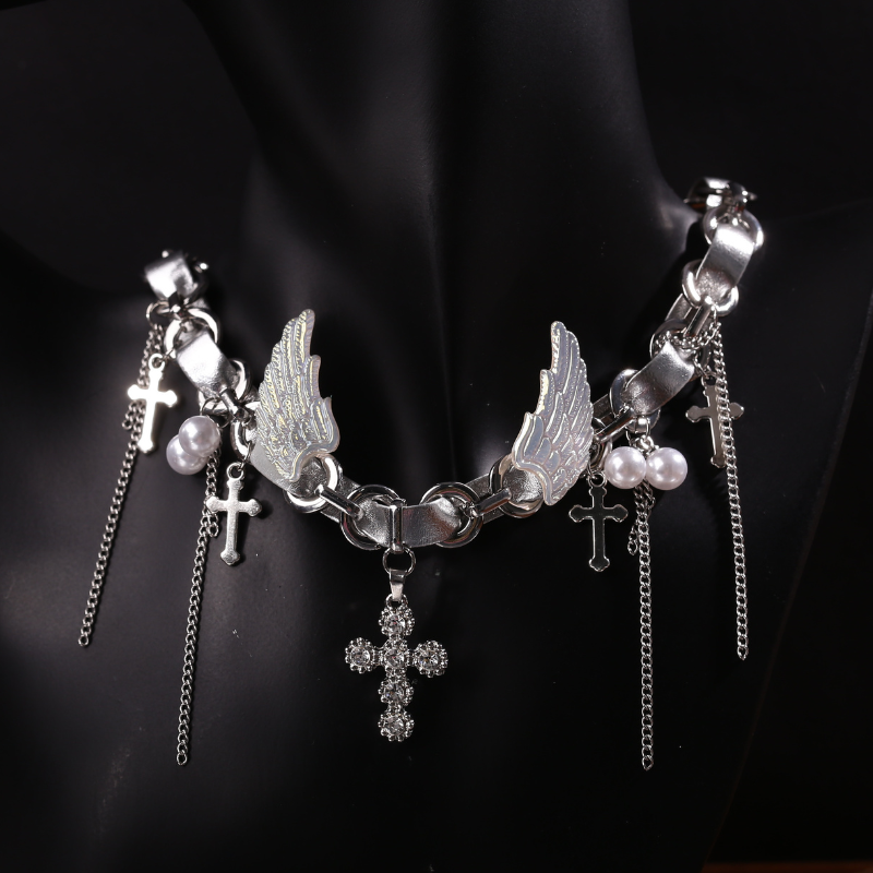 Cyber Goth Angel Wings Shiny Silver Punk Cross Choker
