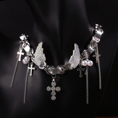 Cyber Goth Angel Wings Shiny Silver Punk Cross Choker