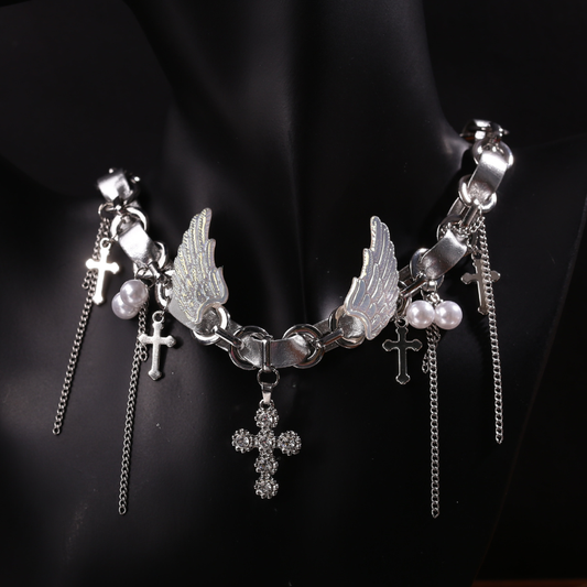Cyber Goth Angel Wings Shiny Silver Punk Cross Choker