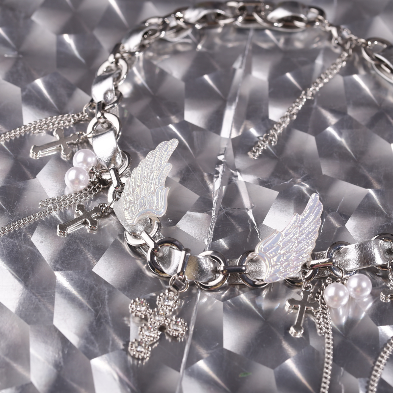 Cyber Goth Angel Wings Shiny Silver Punk Cross Choker