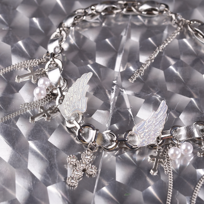 Cyber Goth Angel Wings Shiny Silver Punk Cross Choker