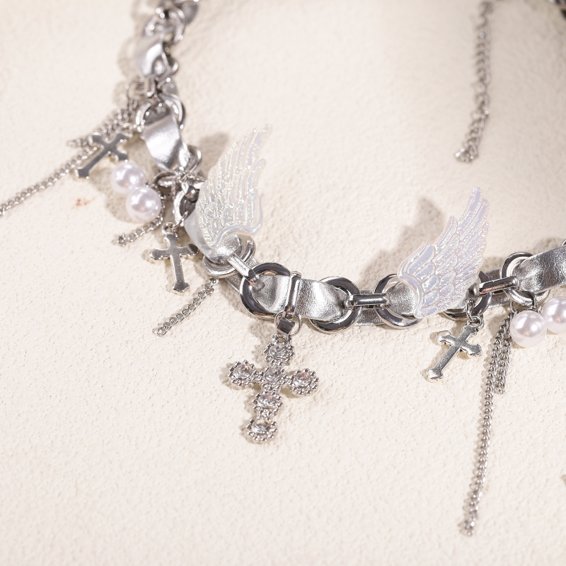 Cyber Goth Angel Wings Shiny Silver Punk Cross Choker