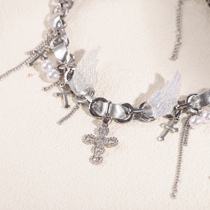 Cyber Goth Angel Wings Shiny Silver Punk Cross Choker
