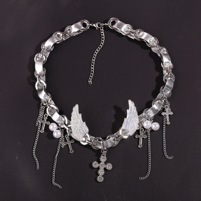 Cyber Goth Angel Wings Shiny Silver Punk Cross Choker