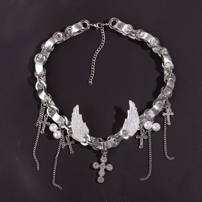 Cyber Goth Angel Wings Shiny Silver Punk Cross Choker